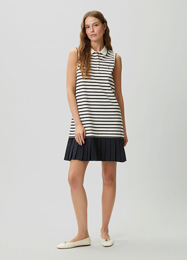 Beymen Club Lacivert Beyaz Çizgili Pileli Mini Polo Elbise - 1
