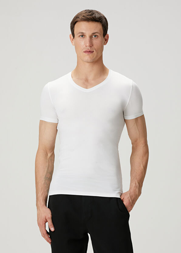 Zegna Underwear Beyaz V Yaka Basic T-shirt - 1