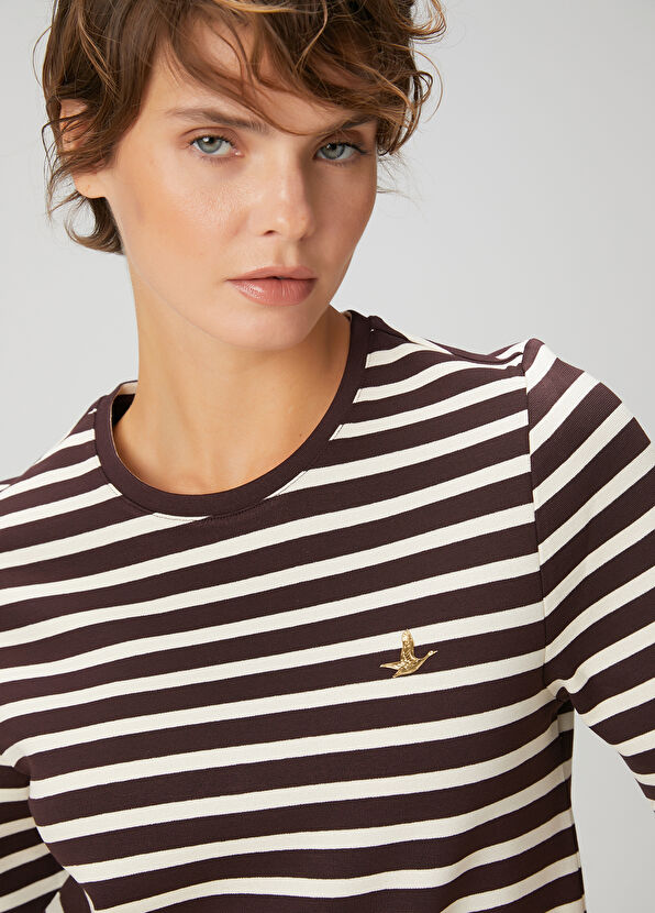 Beymen Club Mürdüm Ekru Çizgili Basic T-shirt - 2