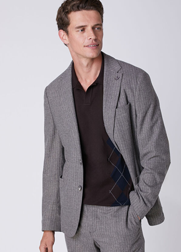 Beymen Club Grey Stripe Patterned Jersey Wool Flannel Suit - 2