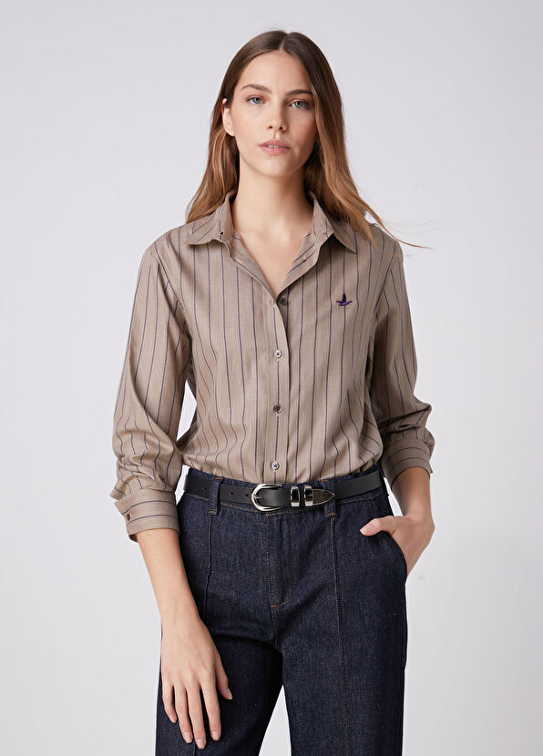 Beymen Club Regular Fit Taupe Striped Shirt - 3