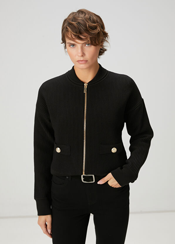 Beymen Club Black Ottoman Textured Wool Bomber Jacket - 1