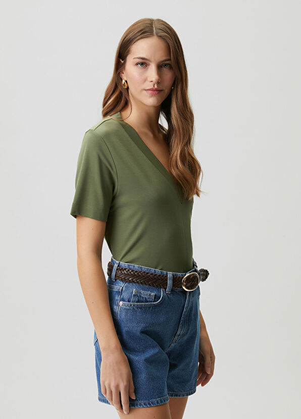 Beymen Club Açık Haki Yanı Yırtmaçlı Basic T-shirt - 1