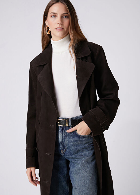 Beymen Club Dark Brown Suede Trench Coat - 2