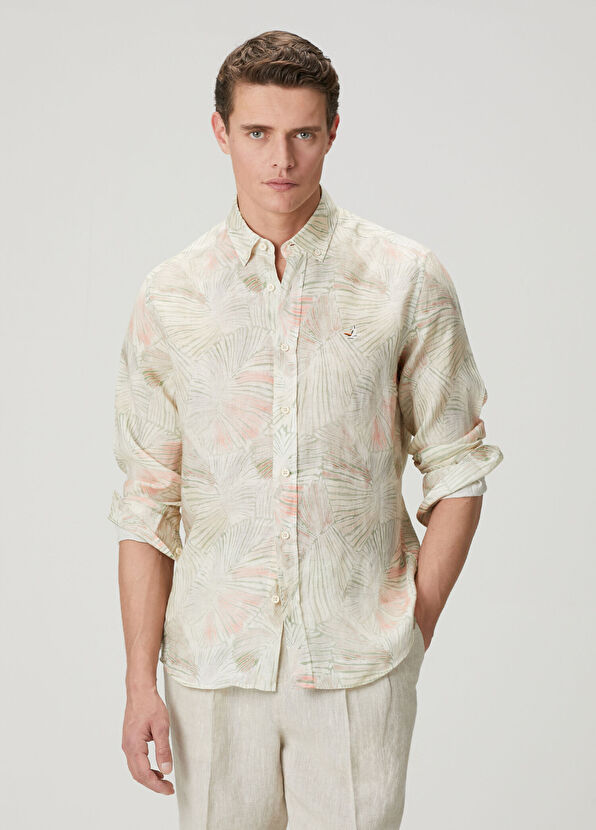 Beymen Club Comfort Fit Yeşil Yaprak Desenli Keten Gömlek - 1