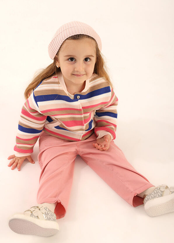 Patique Kids Pink Colorful Striped Buttoned Organic Cotton Knitwear Girl Jacket Cardigan - 3