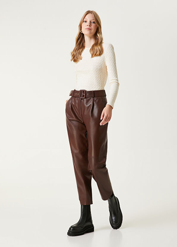Beymen Club Brown Belted Leather Pants - 1