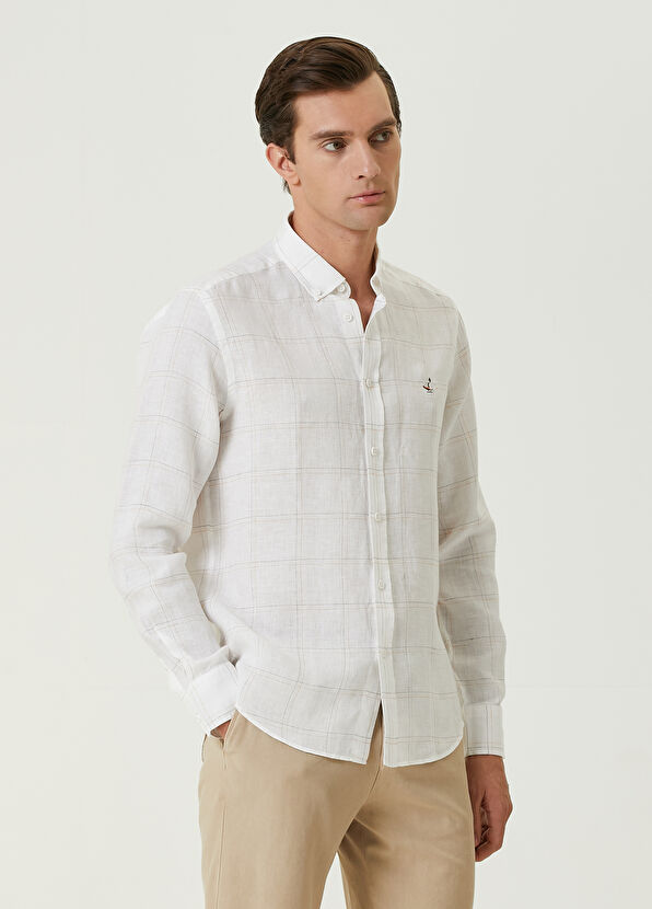 Beymen Club Comfort Fit Turuncu Beyaz Ekoseli Keten Gömlek - 4