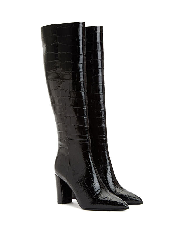 Siyah Kroko Desenli Kadın Deri Çizme - Görsel 3