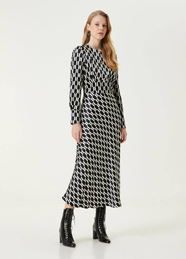 Beymen Club Black and White Patterned Midi Satin Dress - 1