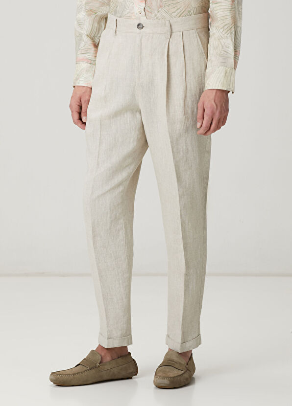 Beymen Club Bej Keten Karışımlı Çift Pilili Pantolon - 2