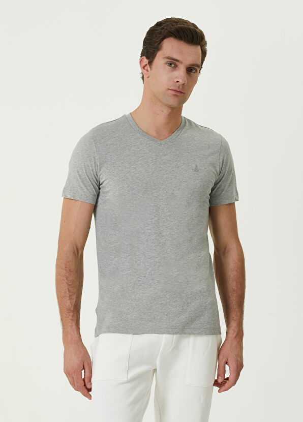 Beymen Club Gri V Yaka Kuş Nakışlı Basic T-shirt - 1
