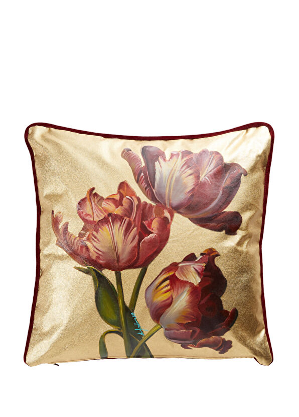 Elif Erdem Gold Tulip Patterned Linen Decorative Throw Pillow 45 x 45 cm - 1
