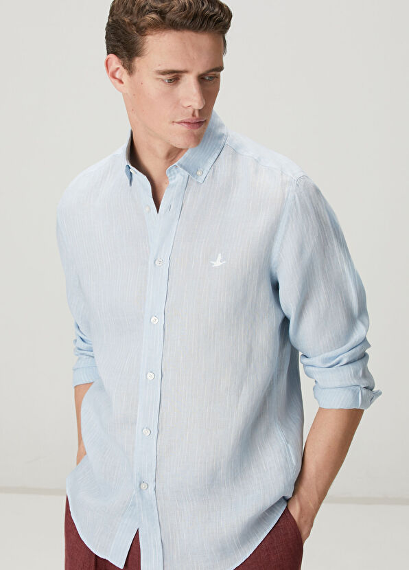 Beymen Club Comfort Fit Blue Dashed Striped Linen Shirt - 2