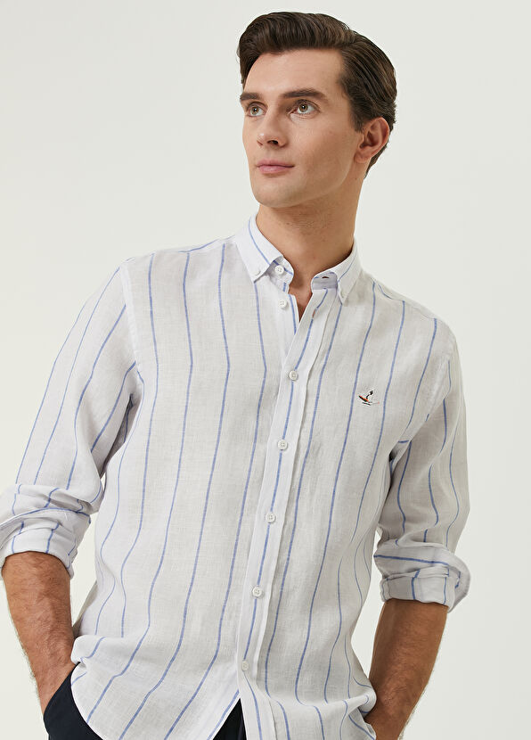 Beymen Club Comfort Fit Beyaz Seyrek Çizgi Geçiş Keten Gömlek - 2