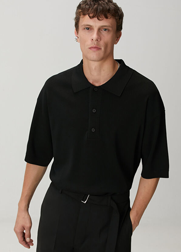 Siyah Polo Yaka Kısa Kollu Oversized Triko - Görsel 3