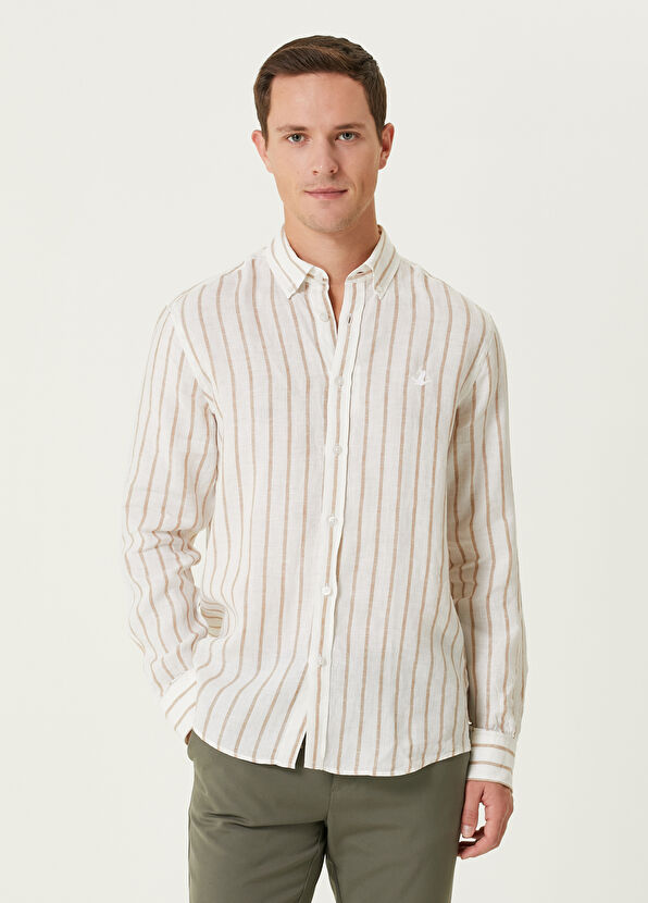 Beymen Club Comfort Fit Coffee White Linen Shirt - 1