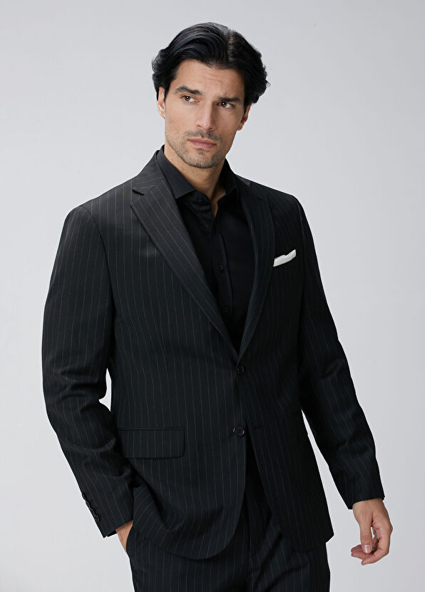 Siyah Çizgi Desenli Yün Takım Elbise - Görsel 3