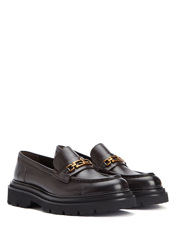 Beymen Club Kahverengi Zincir Logo Kadın Deri Loafer - 2