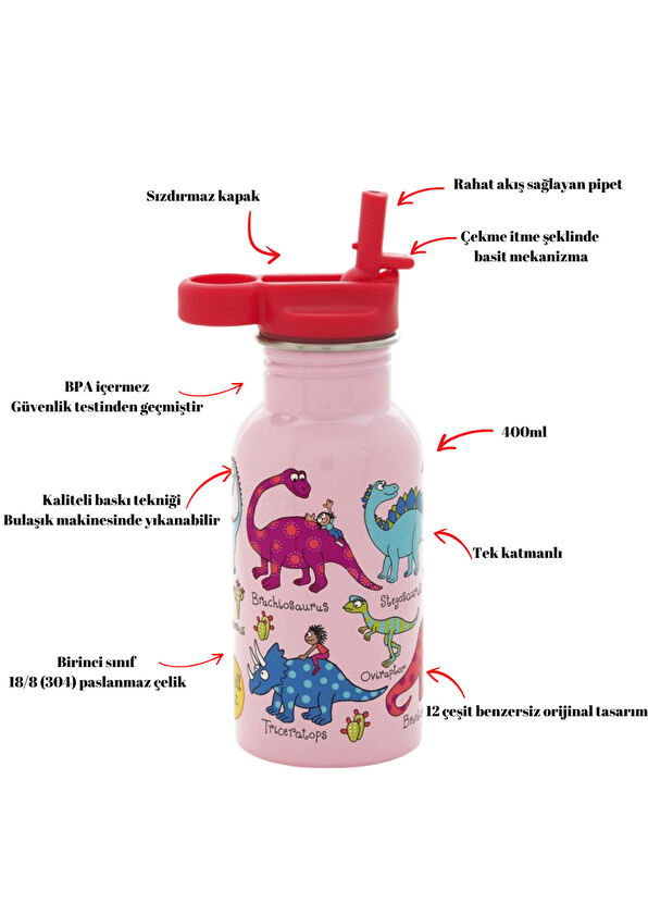 Tyrrell Katz Pink Dino Pipetli Paslanmaz Çelik Matara 400 ml - 4