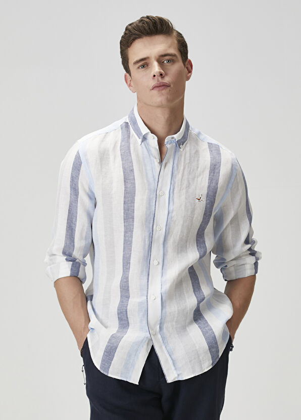 Beymen Club Comfort Fit Mavi Çizgi Desenli Keten Gömlek - 1