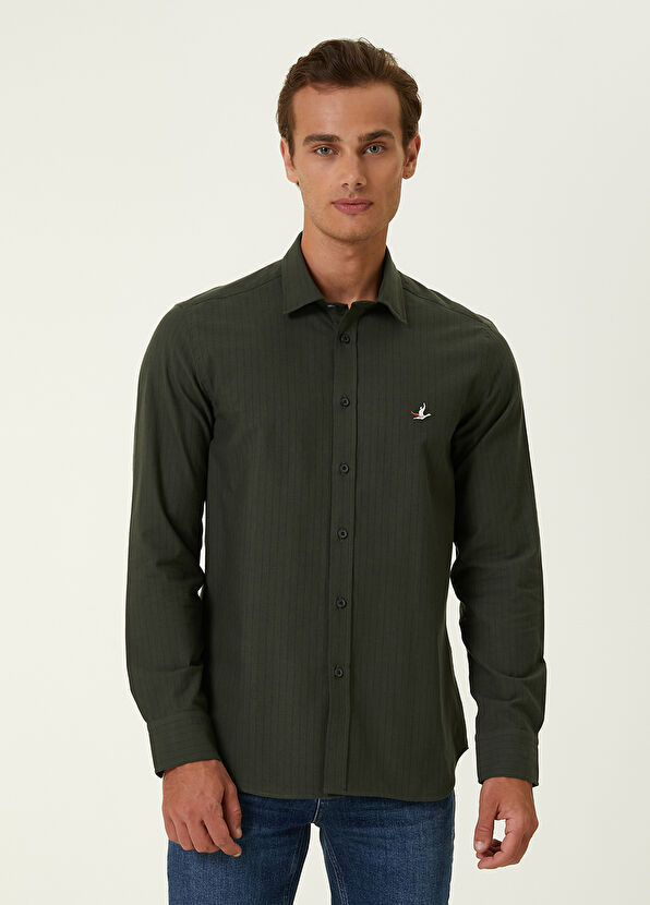 Beymen Club Slim Fit Haki İnce Çizgili Flanel Gömlek - 1