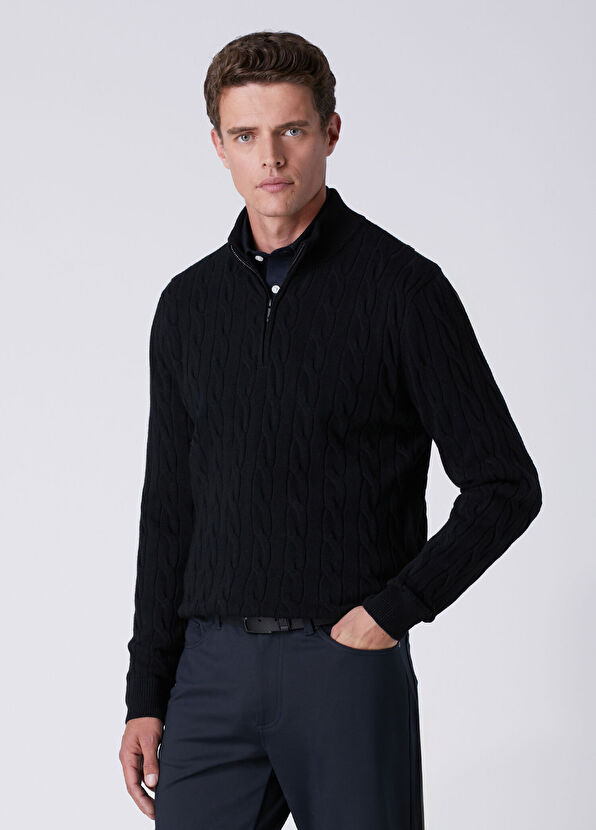 Beymen Club Black Collar Zippered Braid Textured Sweater - 1