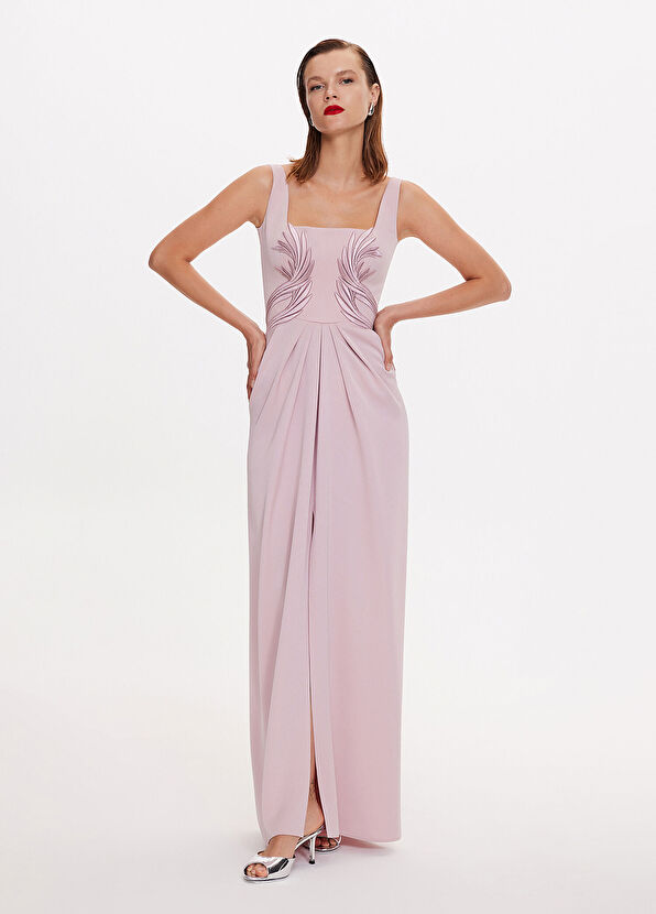 ZEYNEP ERDOGAN Pembe Kare Yaka Nakış Detaylı Kadın Abiye Elbise - 1