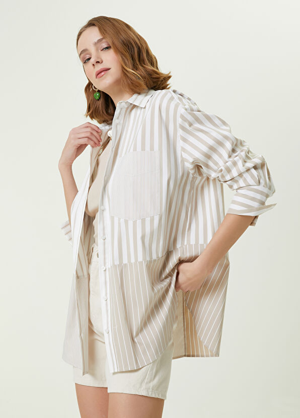 Beymen Club Bej Çizgi Desenli Poplin Gömlek - 1