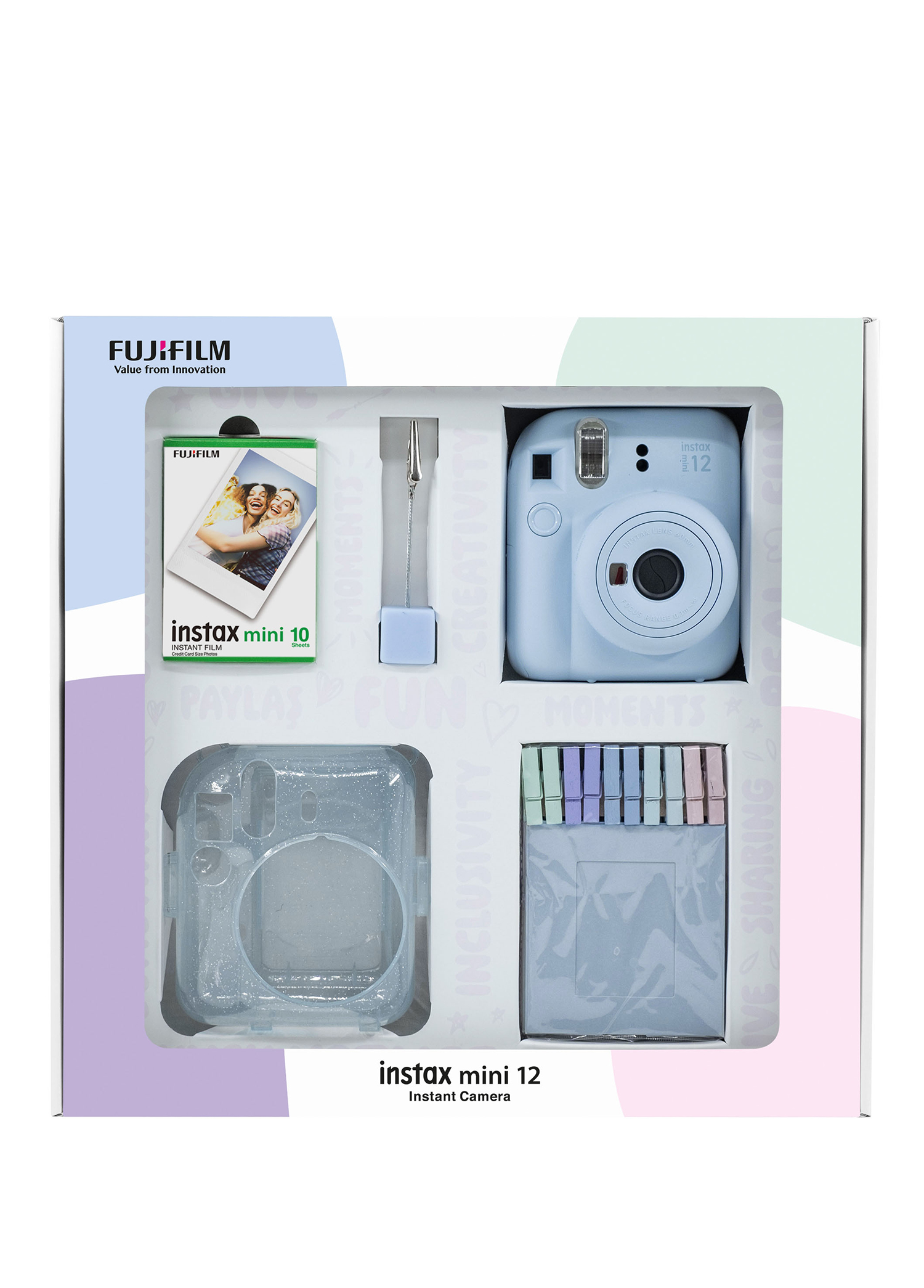 Instax mini 12 Mavi Fotoğraf Makinesi Bundle Box + 10'lu Film Simli Pleksi Kılıf Mandal ve Kıskaçlı Resim Standı