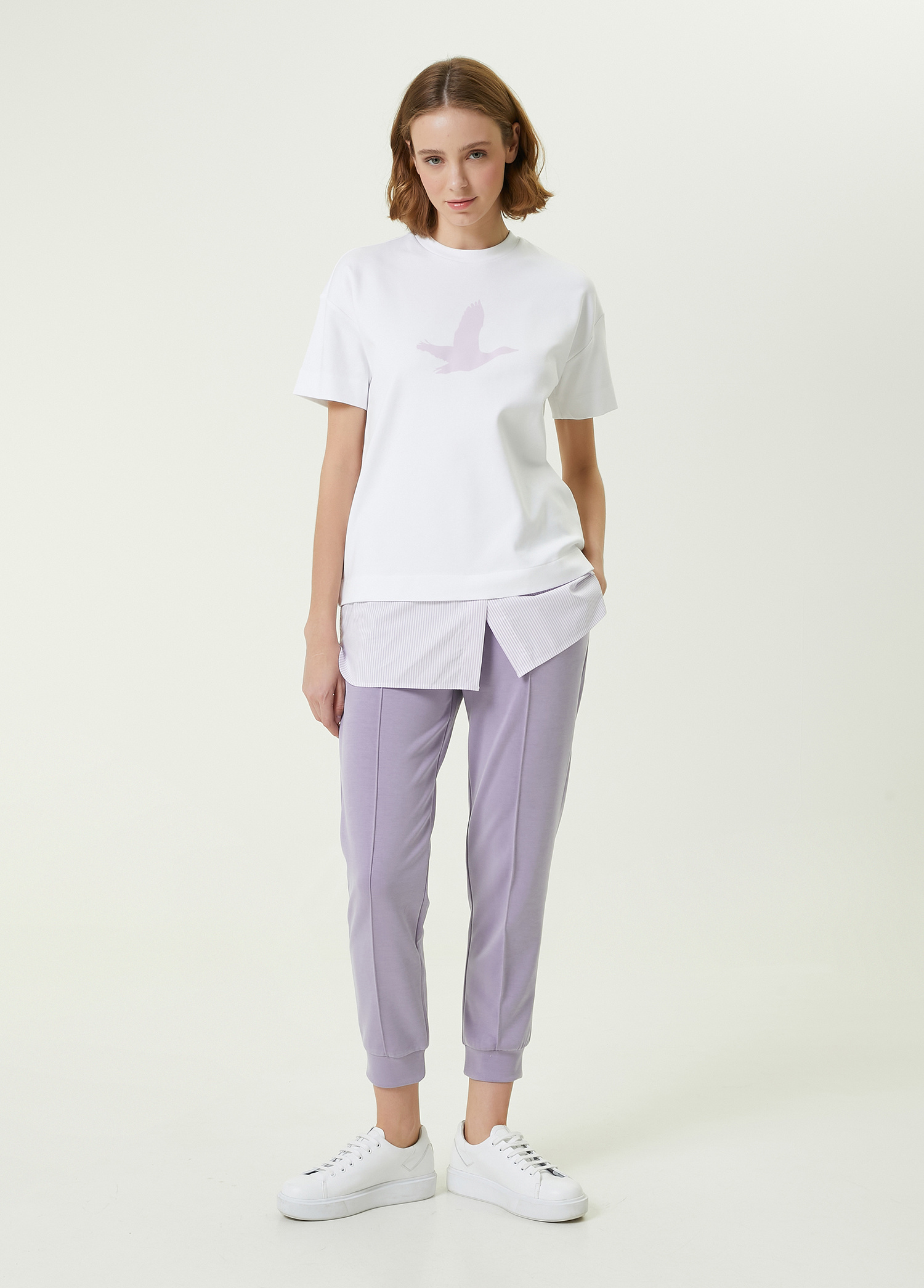 Beyaz Kuş Baskılı Gömlek Detaylı T-shirt_1
