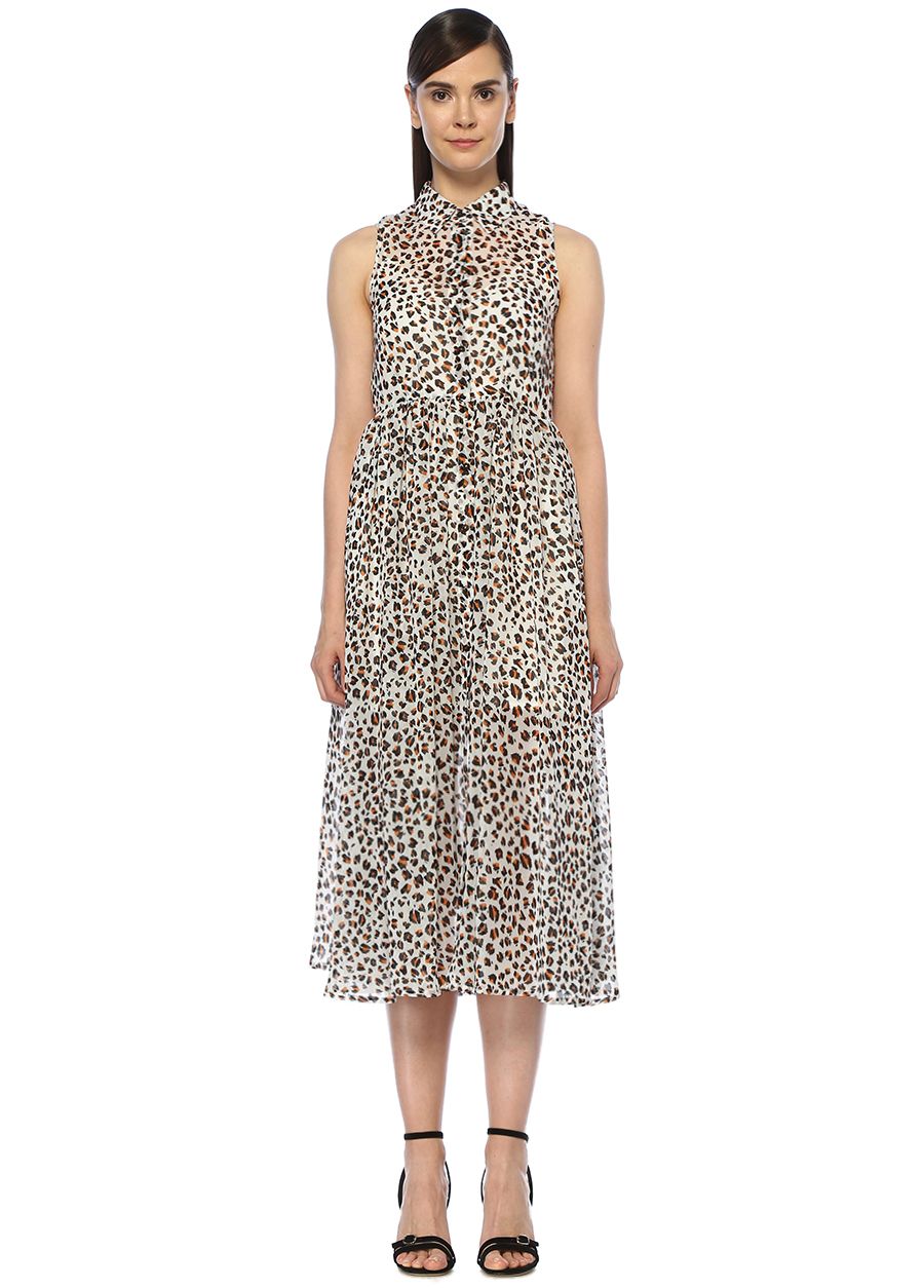 Beymen Collection Beyaz Leopar Desen Kolsuz Midi Sifon Gomlek Elbise Beyaz