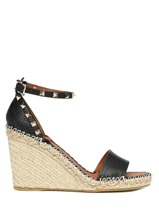 Valentino Garavani Rockstud Double Wedge Siyah Topuklu Deri Espadril