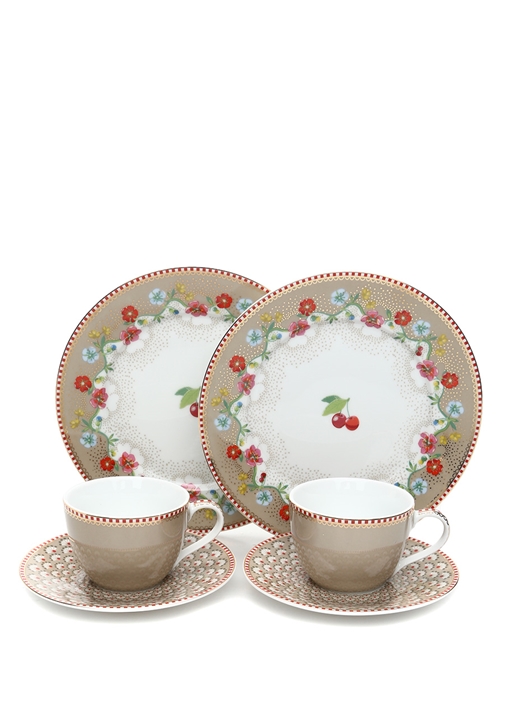 Pip Studio Floral Haki 2�li Kahve Fincanı ve Kirazlı Tabak Se Haki