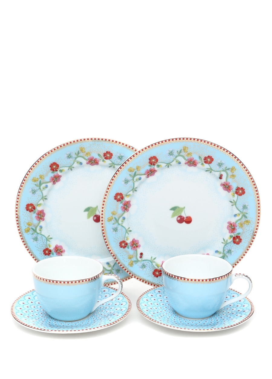 Pip Studio Floral Mavi 2�li Kahve Fincanı ve Kirazlı Tabak Se Mavi