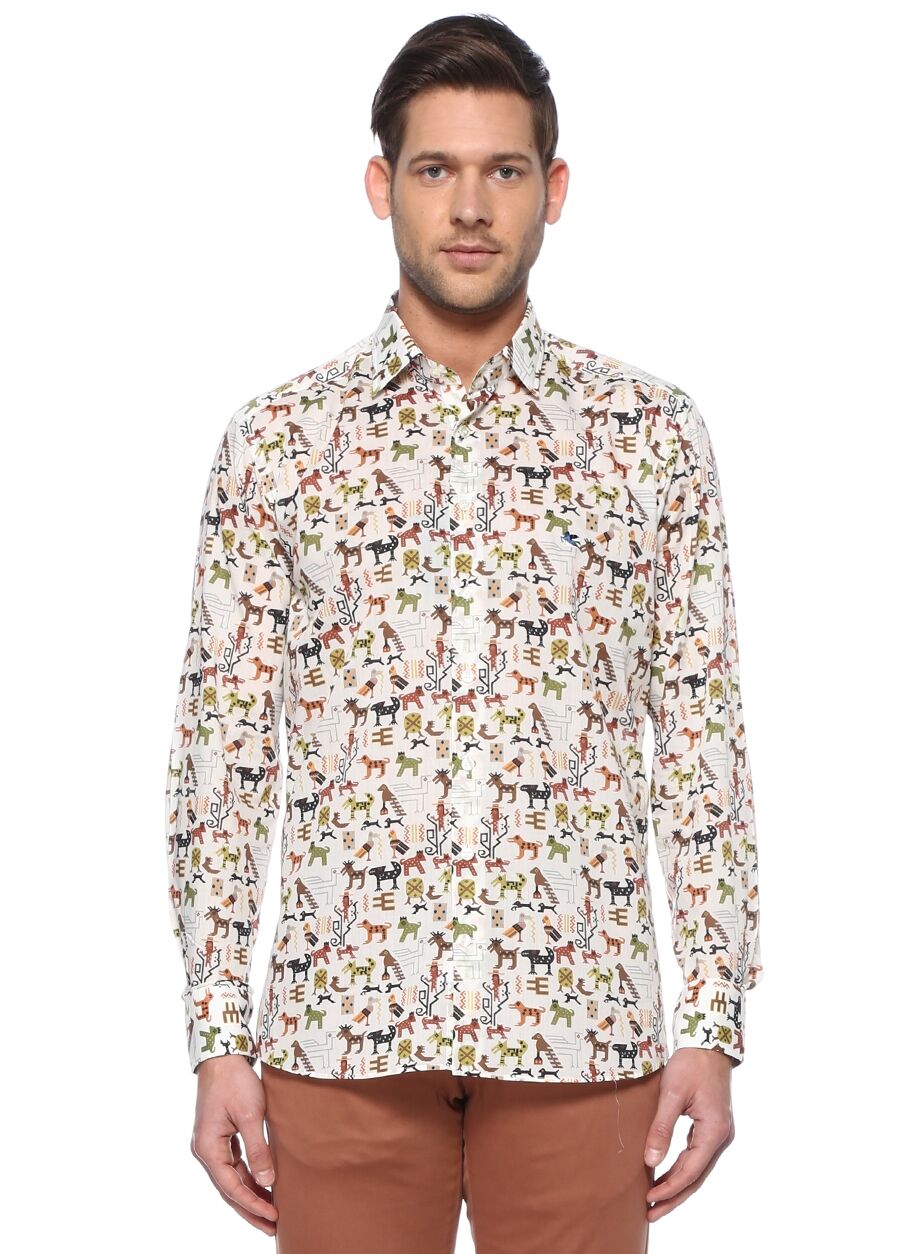 Beymen ETRO Beyaz Polo Yaka Mikro Figür Desenli Gömlek. 1