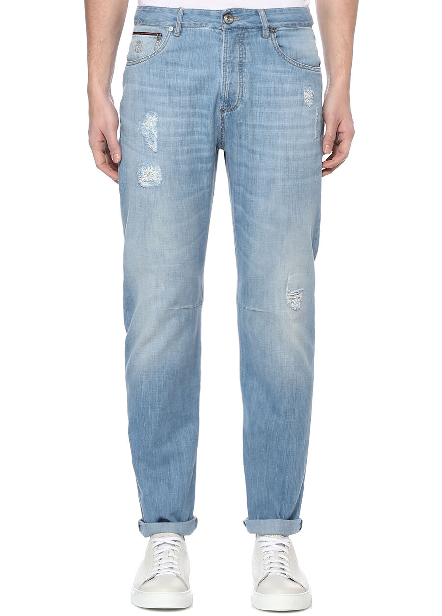 Leisure Fit Mavi Yıpratmalı Jean Pantolon