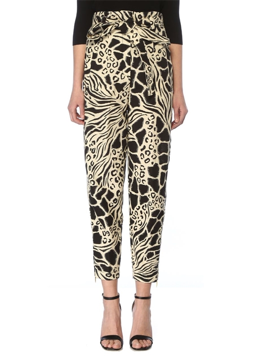 Alberta Ferretti Siyah Krem Leopar Desenli Kusakli Keten Pantolon Siyah Beyaz