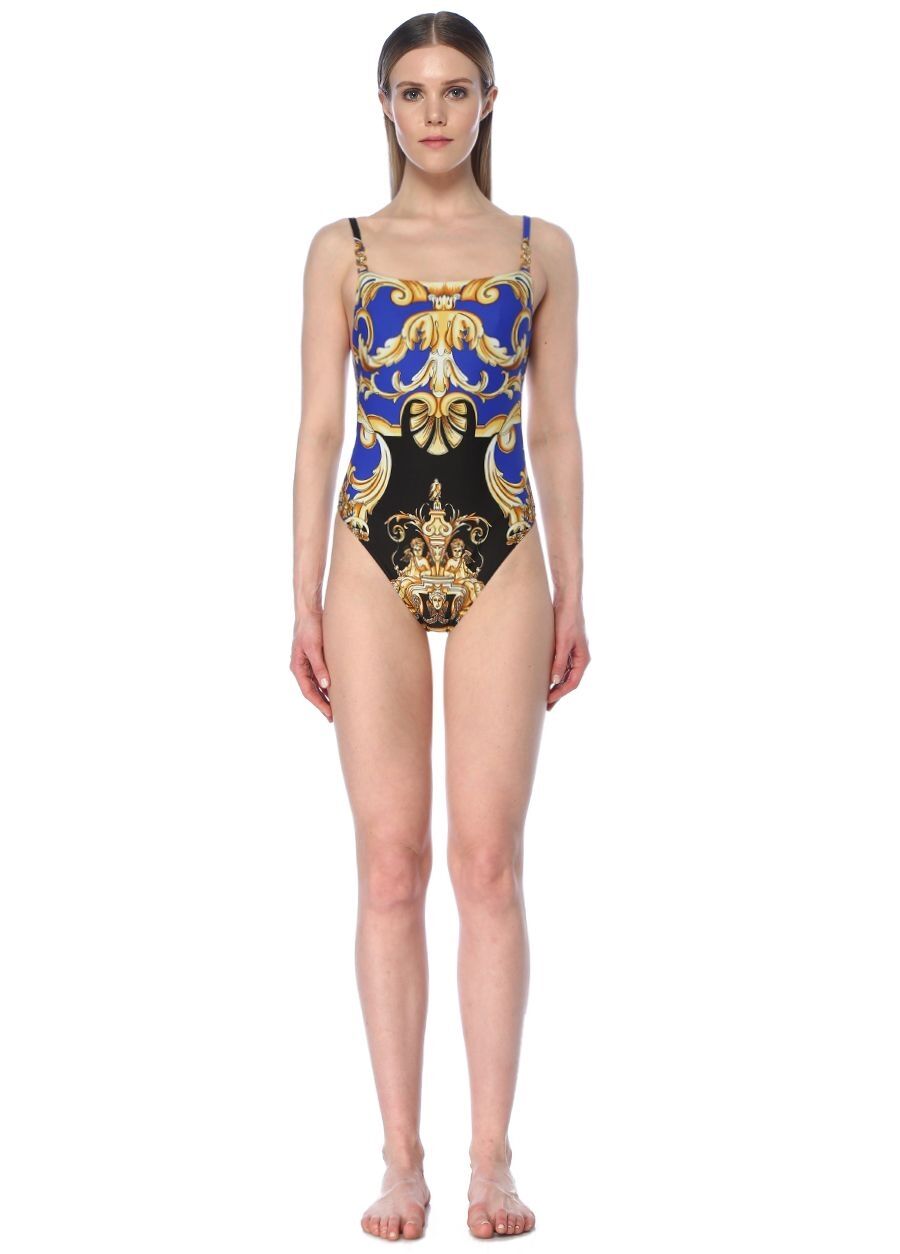 Beymen VERSACE Mavi Kare Yaka Barok Desenli Sırt Dekolteli Mayo. 1