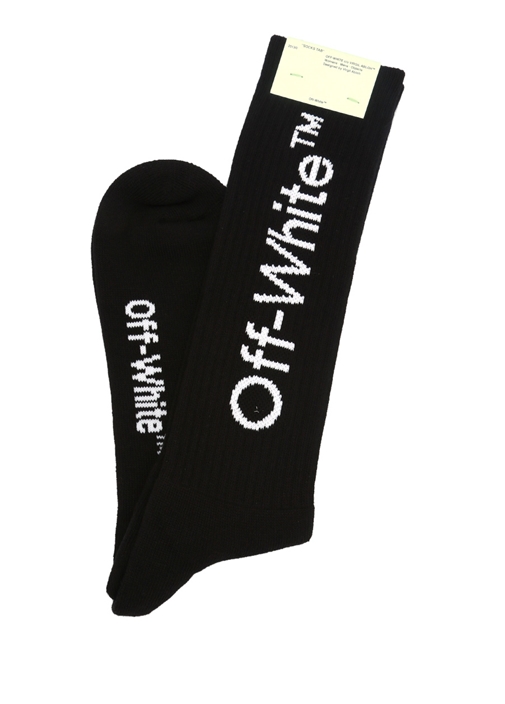 OFF-WHITE Siyah Beyaz Logo Jakarlı Erkek Çorap