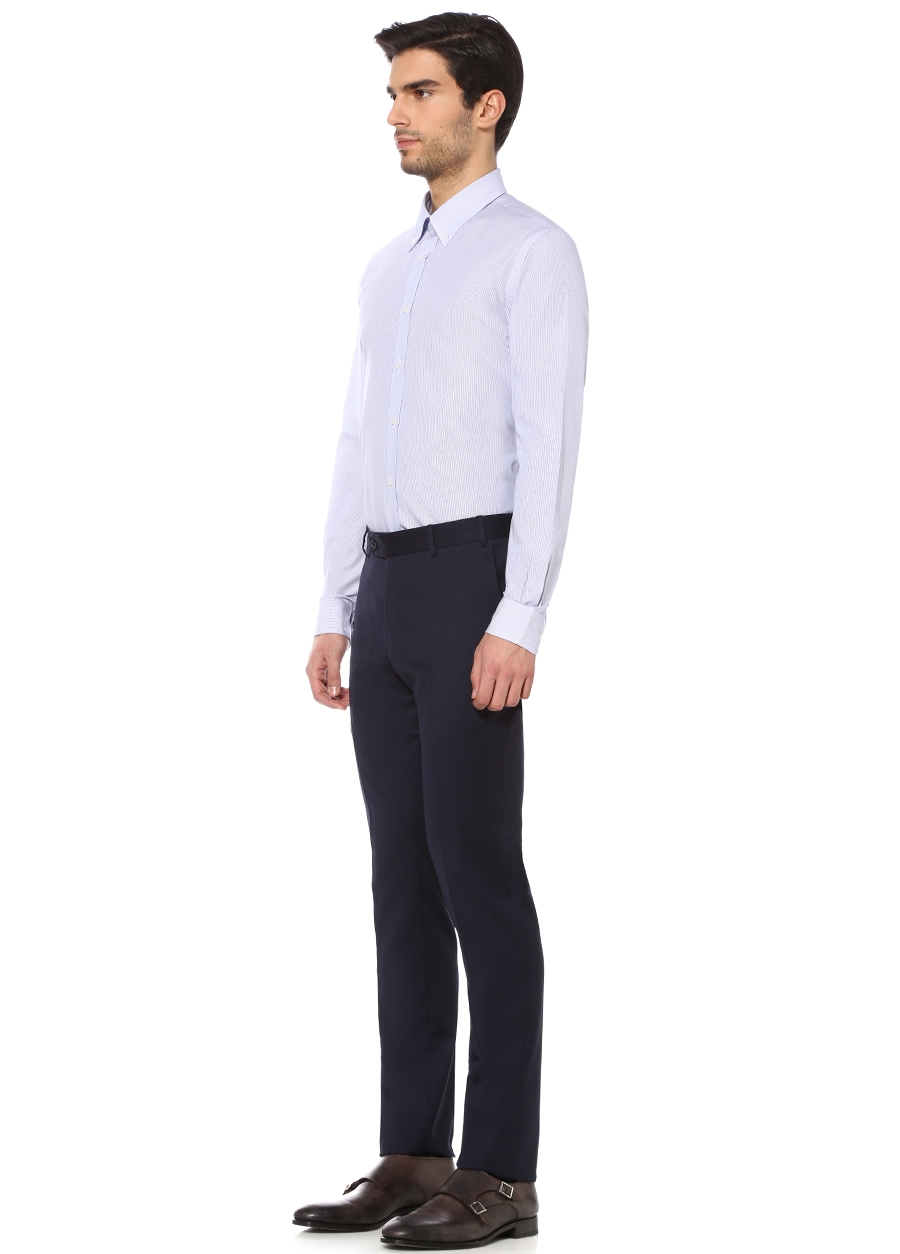 Beymen BEYMEN BES Custom Fit Mavi Düğmeli Yaka Pötikareli Gömlek. 2