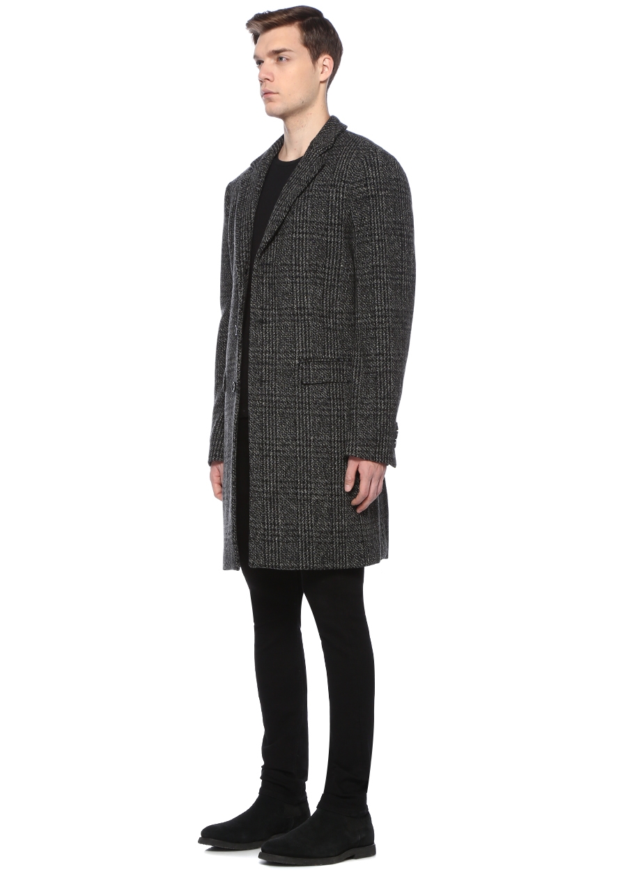 Beymen ALLSAINTS Dowell Siyah Gri Kelebek Yaka Ekoseli Yün Palto. 2