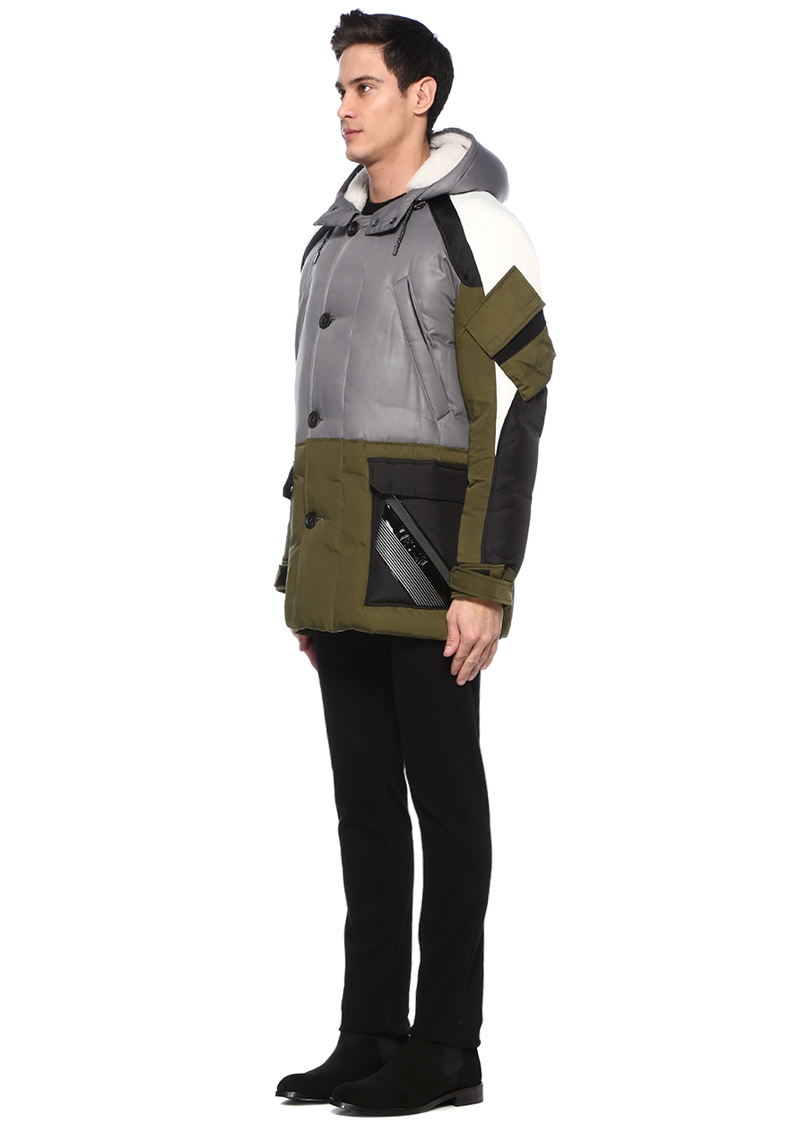 Beymen YVES SALOMON Yeşil Gri Kapüşonlu Colorblocked Yün Parka. 2