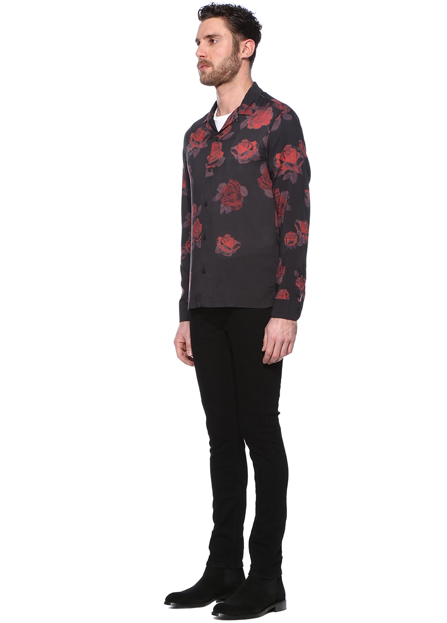 Beymen ALLSAINTS Antrasit Kırmızı Apaç Yaka Gül Desenli Gömlek. 2