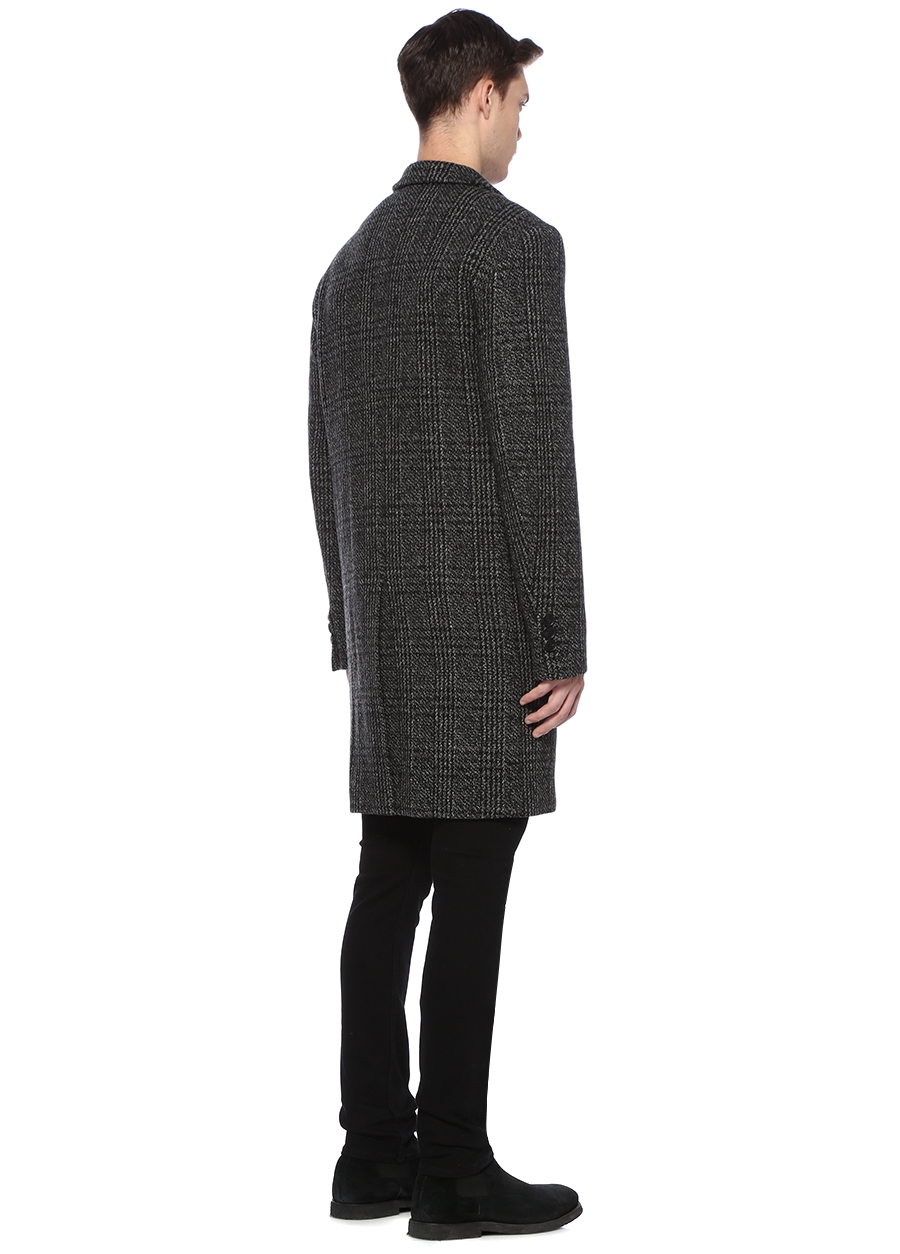 Beymen ALLSAINTS Dowell Siyah Gri Kelebek Yaka Ekoseli Yün Palto. 3