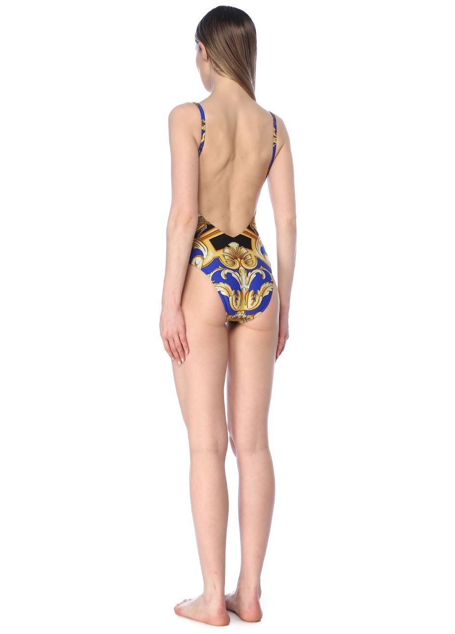 Beymen VERSACE Mavi Kare Yaka Barok Desenli Sırt Dekolteli Mayo. 3