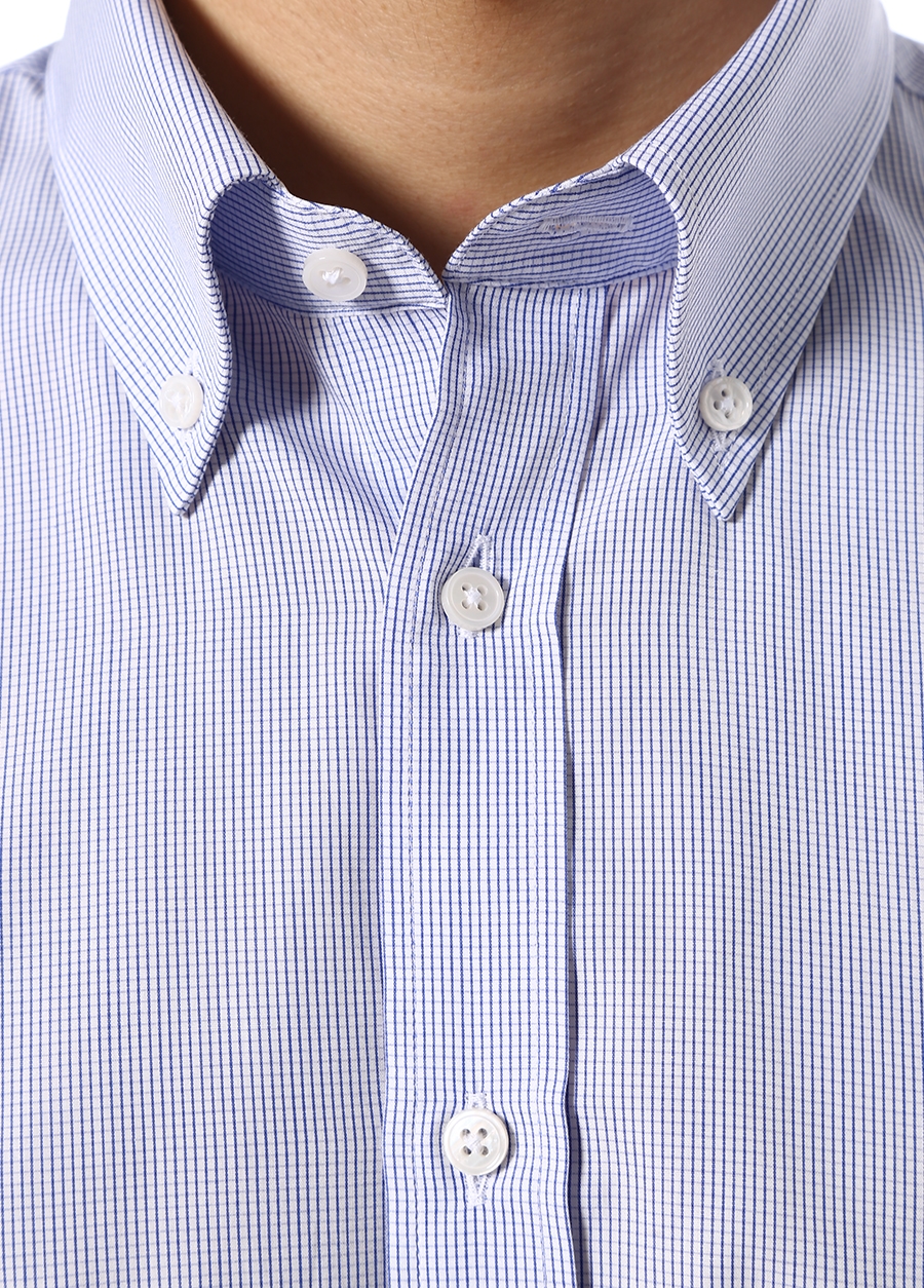 Beymen BEYMEN BES Custom Fit Mavi Düğmeli Yaka Pötikareli Gömlek. 4