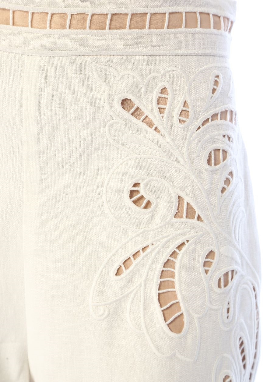 Beymen ZIMMERMANN Beyaz Yüksek Bel Nakışlı Bol Paça Keten Pantolon. 4