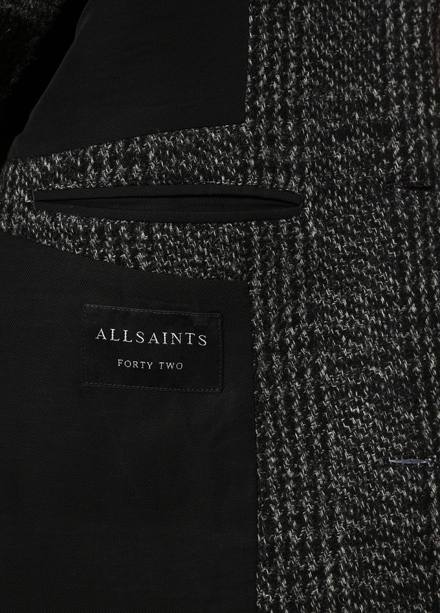 Beymen ALLSAINTS Dowell Siyah Gri Kelebek Yaka Ekoseli Yün Palto. 5