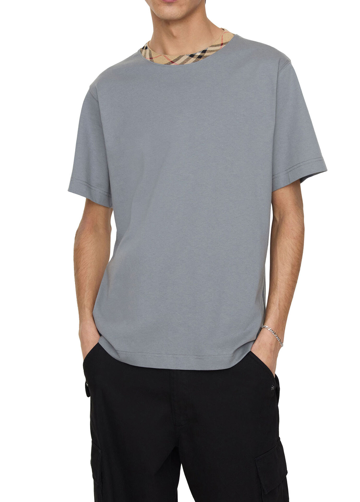 Burberry Gri Erkek Check Trim Pamuklu Gri Kısa Kollu Erkek T-Shirt